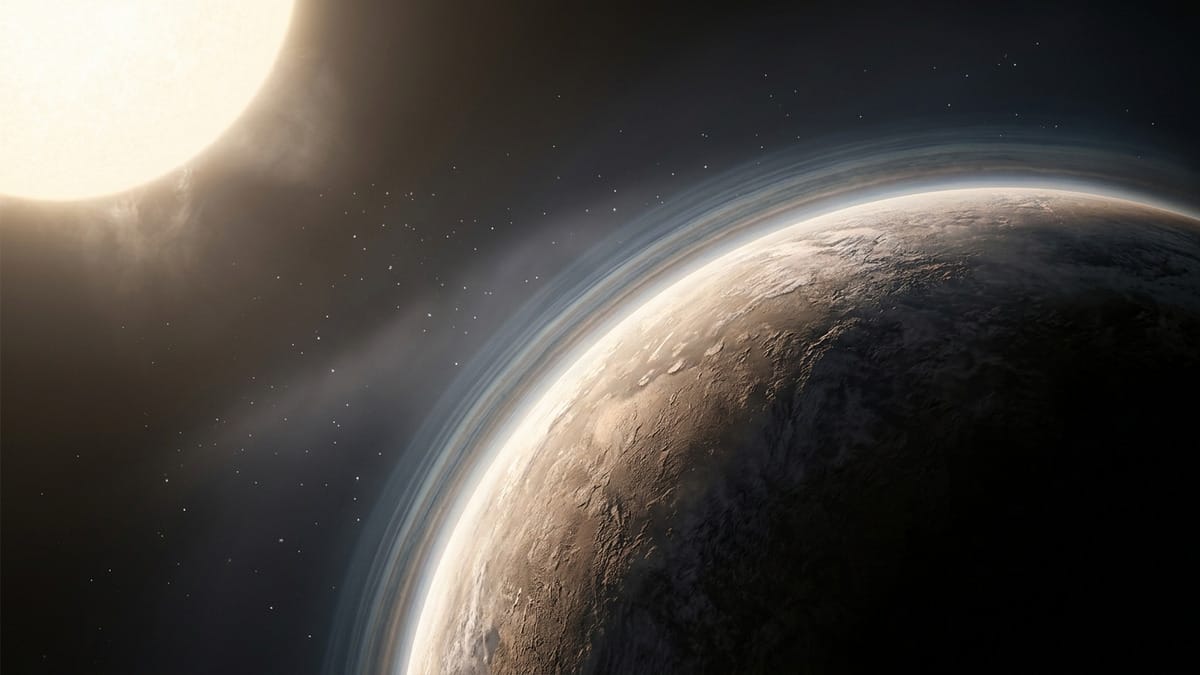 Exoplaneta rocoso con atmósfera tenue y capas de escape alrededor de su borde iluminado.