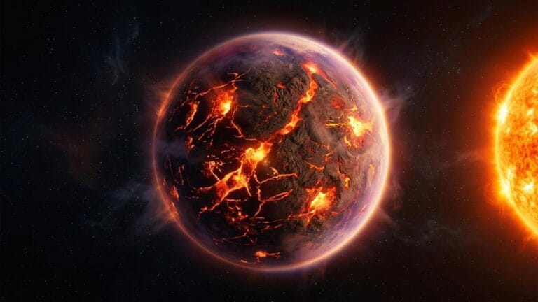 Ilustración editorial de un planeta rocoso muy caliente con superficie de lava junto a su estrella