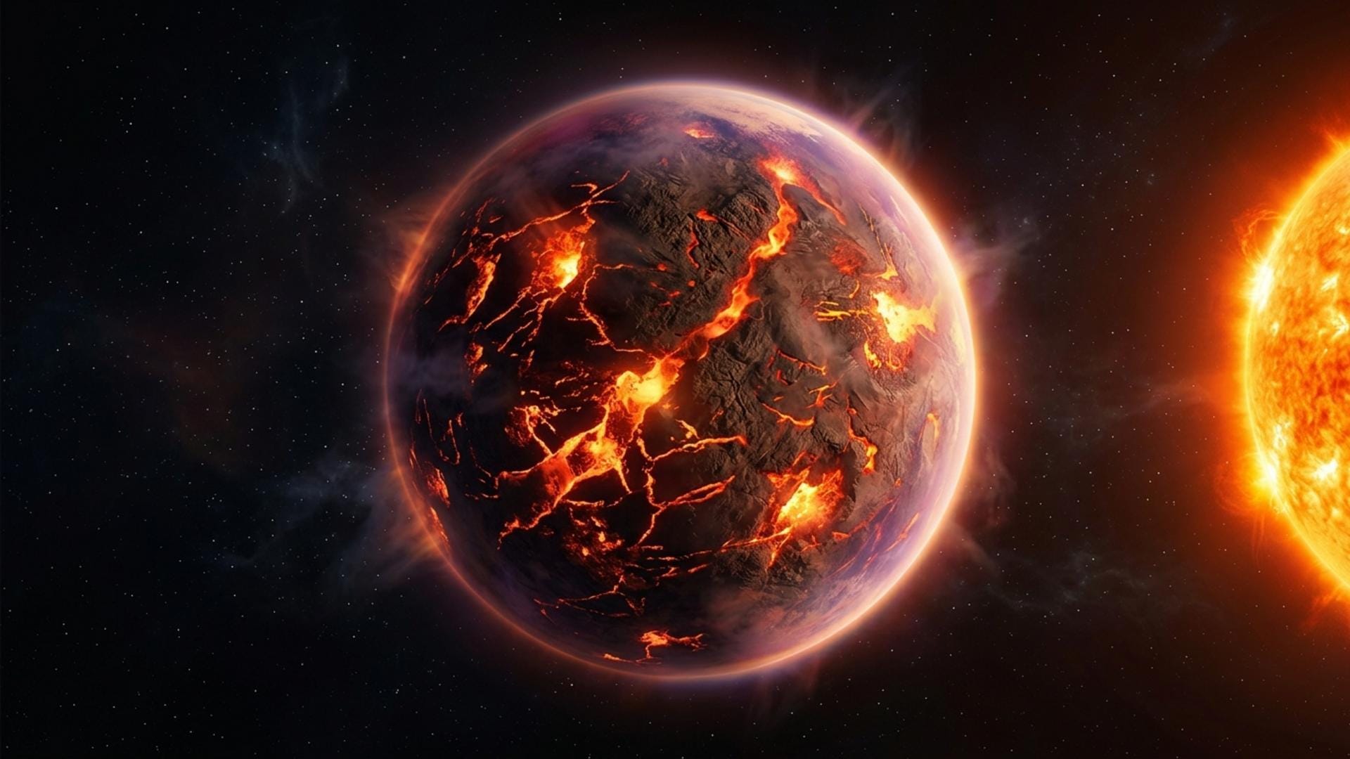 Ilustración editorial de un planeta rocoso muy caliente con superficie de lava junto a su estrella