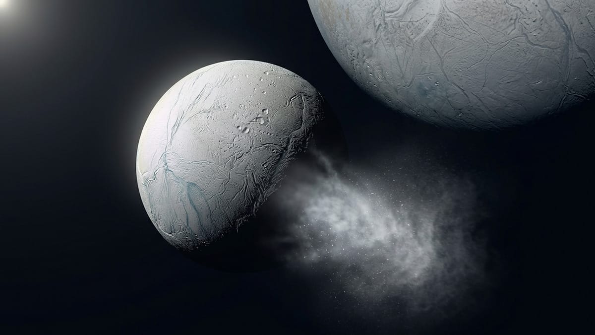 Vista científica de una pluma de Encelado y la superficie helada de una luna oceánica.
