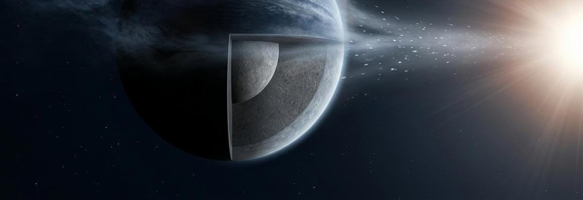 Primer plano de un planeta joven con una atmósfera tenue siendo erosionada por radiación estelar, dividido visualmente entre pérdida de gas y núcleo rocoso.