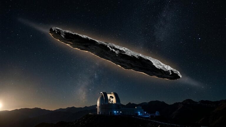 Ilustración editorial de Oumuamua como visitante interestelar observado desde la Tierra.