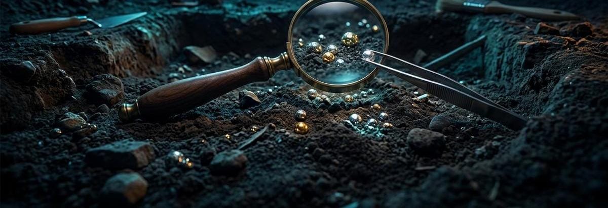 Ilustración editorial de pequeñas esferas minerales observadas bajo un microscopio de laboratorio
