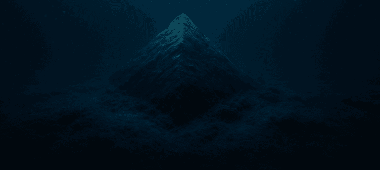 Ilustración editorial de una formación triangular en el fondo marino mediterráneo iluminada por luz azul