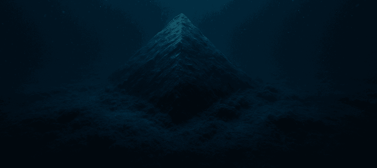 Ilustración editorial de una formación triangular en el fondo marino mediterráneo iluminada por luz azul
