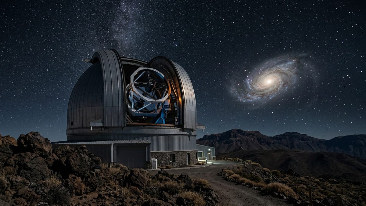 Telescopio espacial observando una galaxia lejana en un entorno oscuro y sobrio.