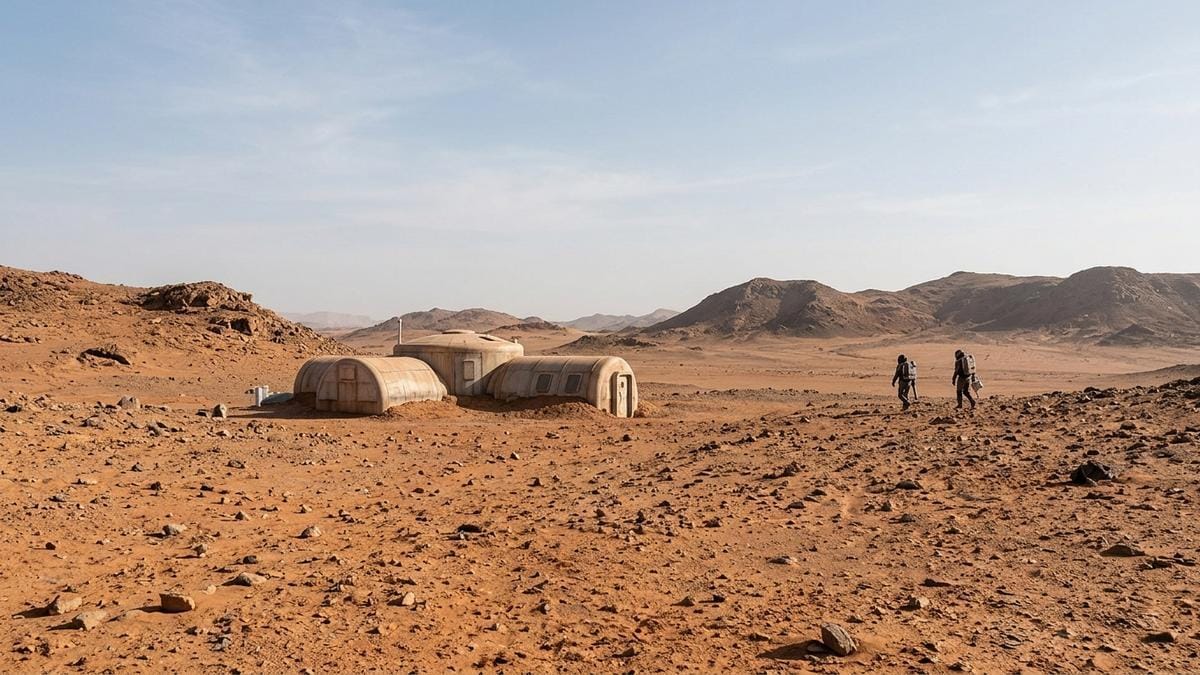 Paisaje marciano simulado en un desierto terrestre con un hábitat de entrenamiento y figuras pequeñas caminando entre formaciones rocosas.