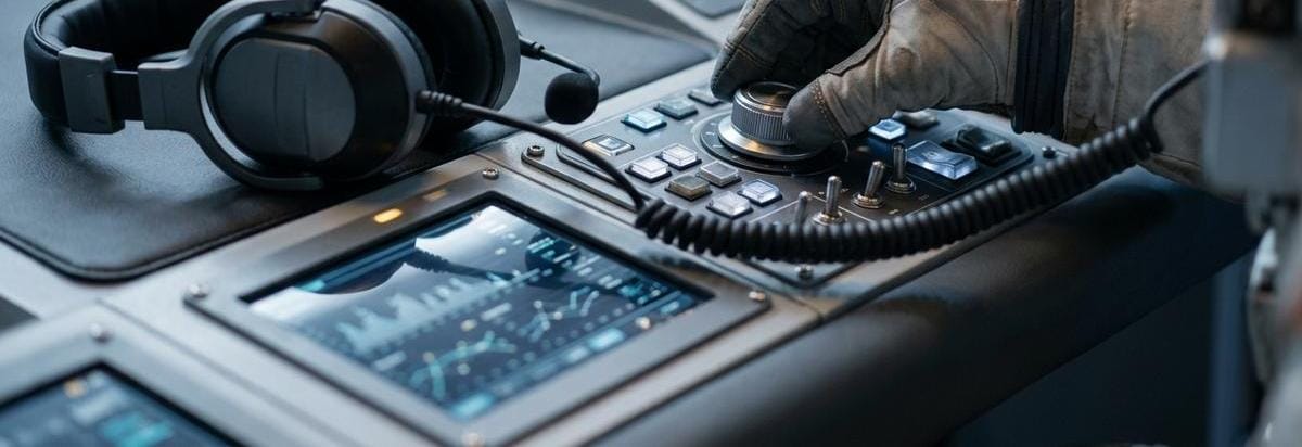 Detalle técnico de un panel de comunicación de simulación con auriculares, controles y una interfaz iluminada en un módulo de entrenamiento.