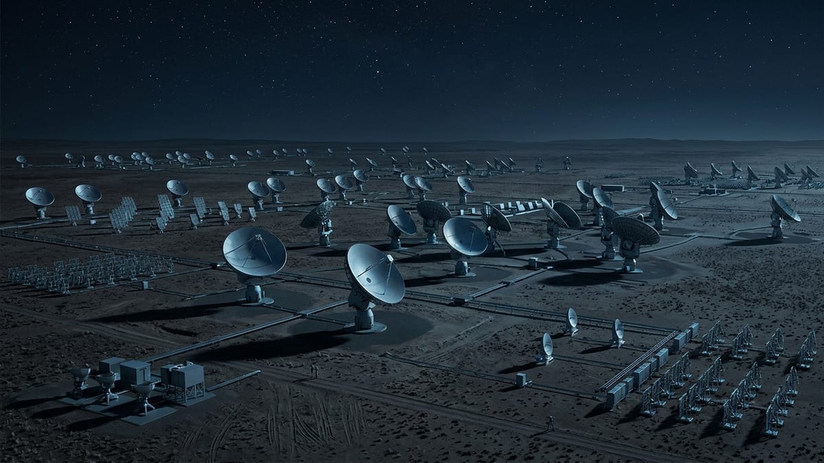 Ilustración conceptual de antenas del SKA separando una señal estrecha del ruido de radio