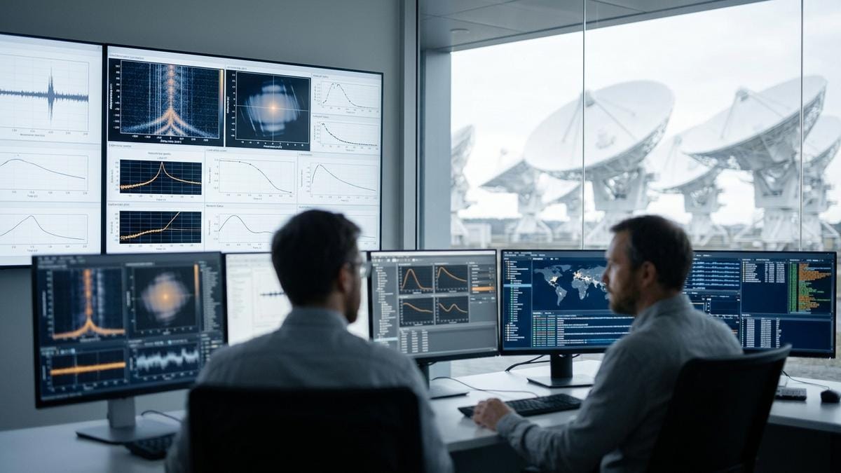 Interior de una sala de control radioastronómica con pantallas de correlación y una red de antenas enlazadas al fondo