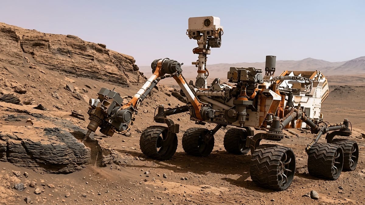 Rover marciano junto a afloramientos rocosos y terreno polvoriento bajo un cielo tenue.