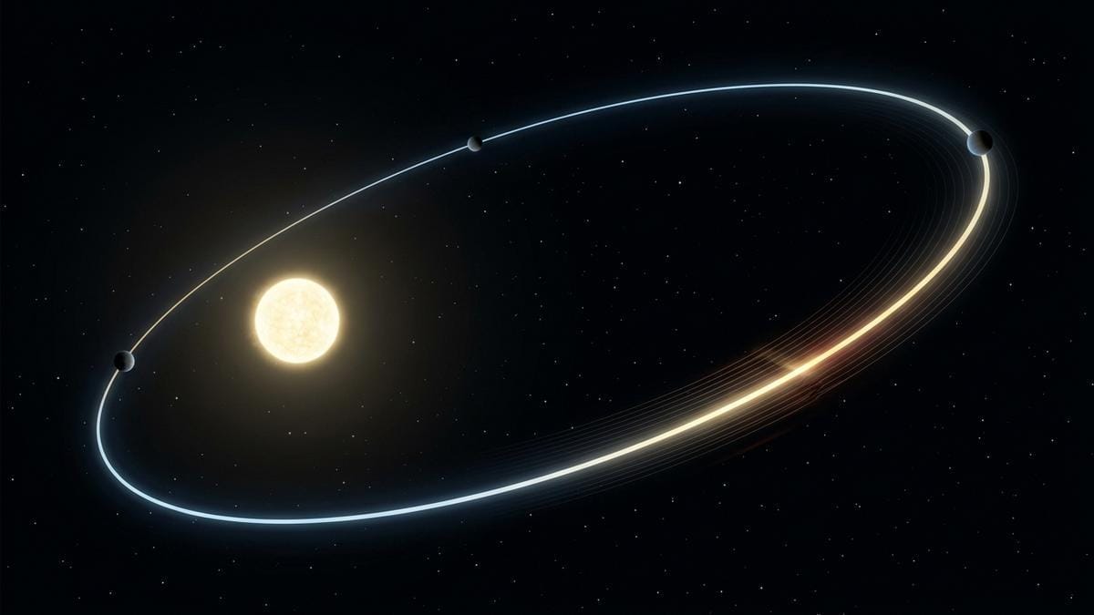 Diagrama editorial de la órbita extremadamente excéntrica de HD 80606 b alrededor de su estrella, con el punto de máxima aproximación resaltado.