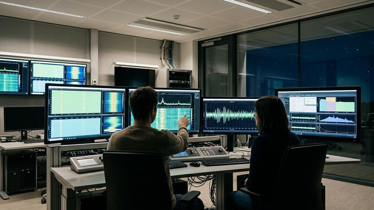 Sala de control de radioastronomía con pantallas de espectro y operadores revisando una observación rápida del cielo.
