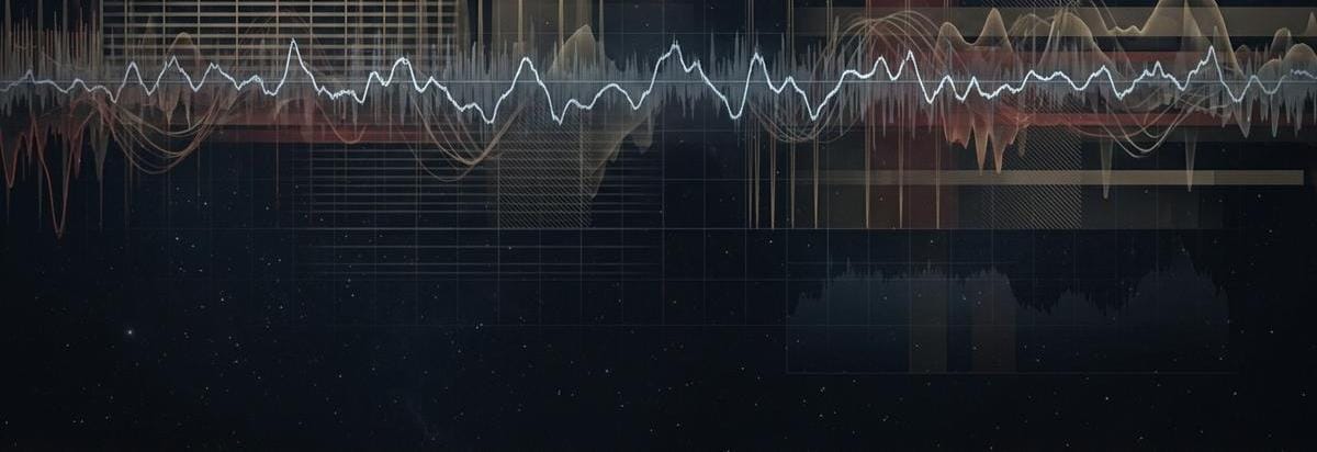 Gráfico de radiofrecuencia con una señal débil cruzada por interferencias urbanas y satelitales, sobre fondo de cielo nocturno abstracto.