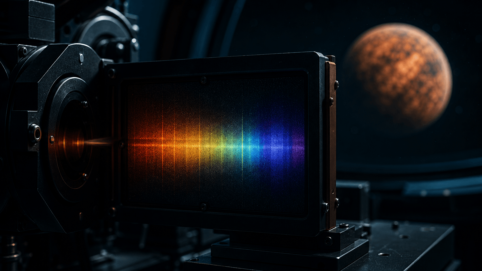 Ilustración editorial de un instrumento espectral registrando una banda de luz infrarroja