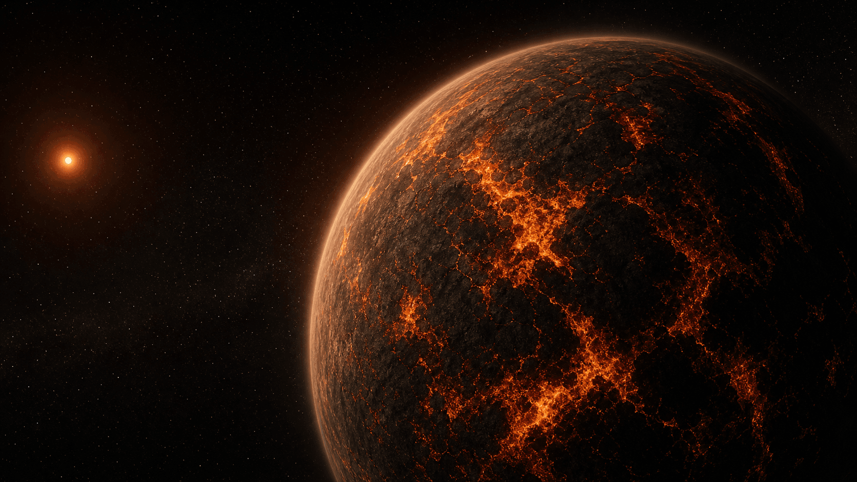 Ilustración editorial de un exoplaneta rocoso con campos de lava y una atmósfera muy tenue