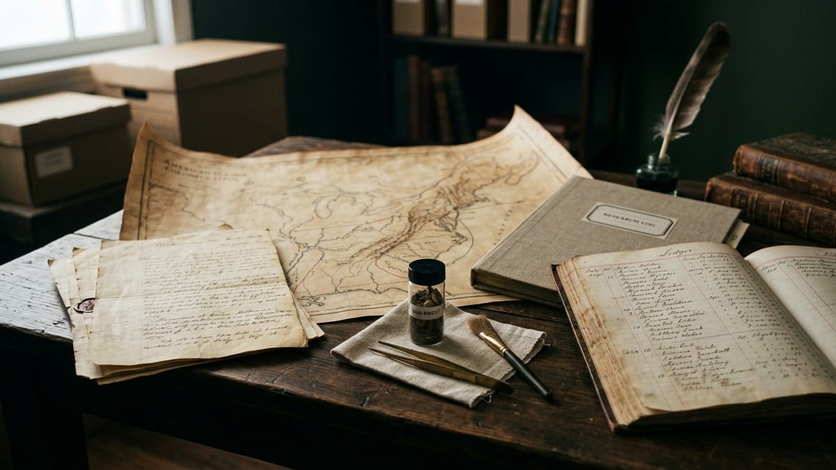 Archivo histórico con documentos, una tumba o registro de época y un esquema de investigación genética en segundo plano.
