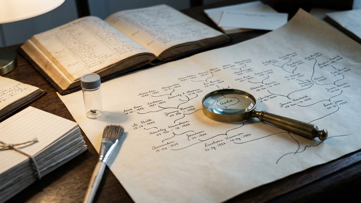 Detalle de genealogía histórica con papeles antiguos, árbol familiar y una muestra de ADN en un entorno de archivo.