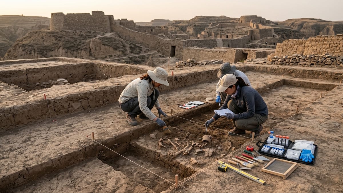 Excavación arqueológica en Shimao con capas de tierra, herramientas y una zona de muestreo cuidadosamente documentada.