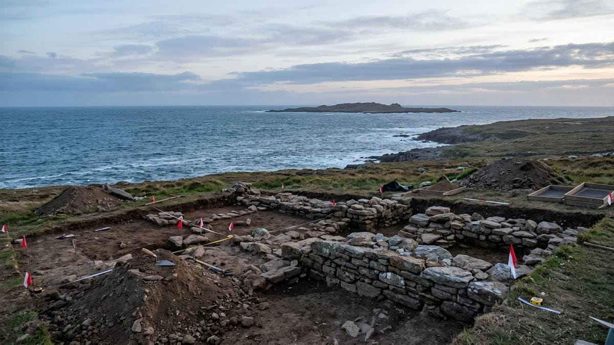 Panorámica de una isla atlántica histórica con restos arqueológicos y costa ventosa, evocando el contexto del estudio dental.