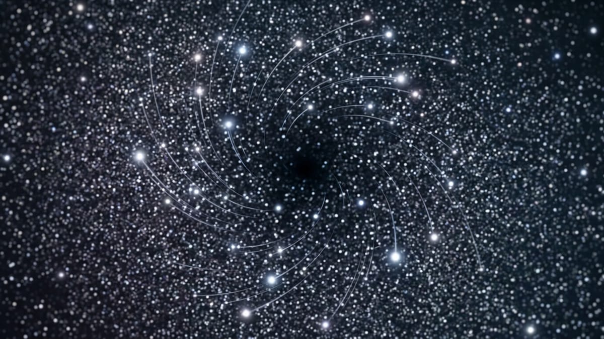 Primer plano de estrellas orbitando un centro gravitatorio muy compacto en un cúmulo denso.