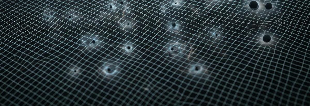 Representación visual de una población hipotética de agujeros negros primordiales evaporándose y dejando rastros de radiación sobre una rejilla cosmológica
