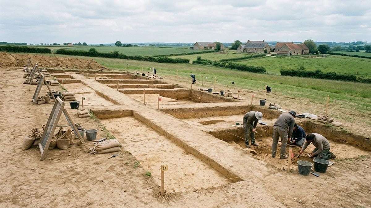 Paisaje arqueológico de un asentamiento celta en Allonnes con una trinchera abierta y restos de estructuras, bajo luz natural suave