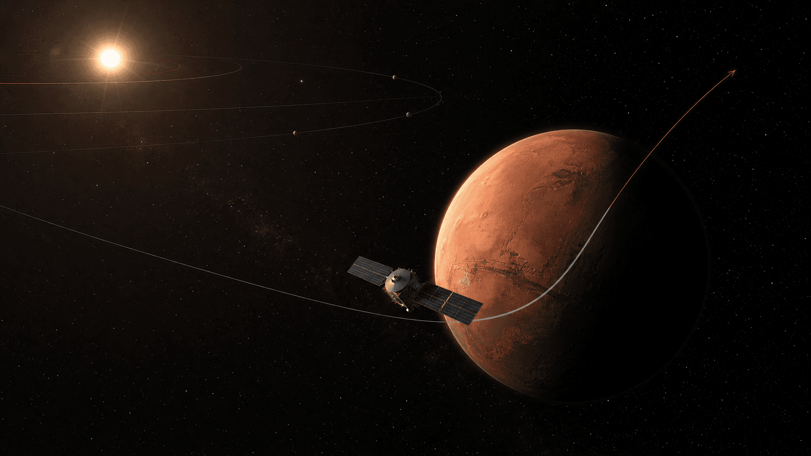 Ilustración editorial de una nave siguiendo una trayectoria de asistencia gravitatoria cerca de Marte