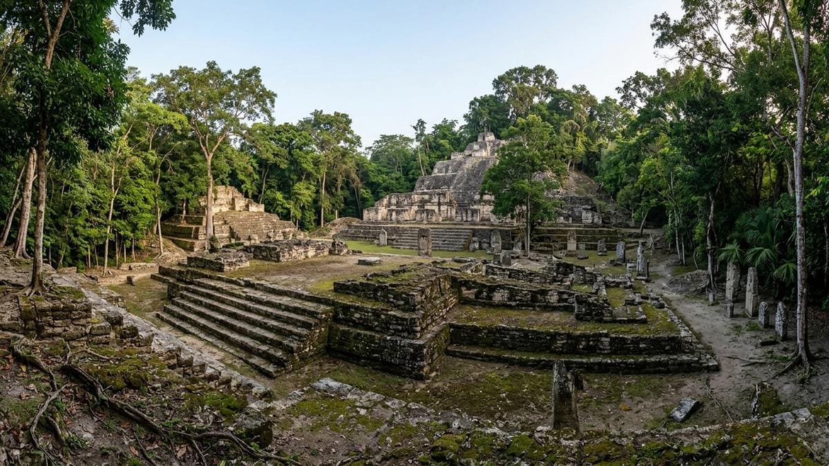 Vista amplia de una zona arqueológica maya en Guatemala al amanecer, con ruinas de piedra y selva alrededor.