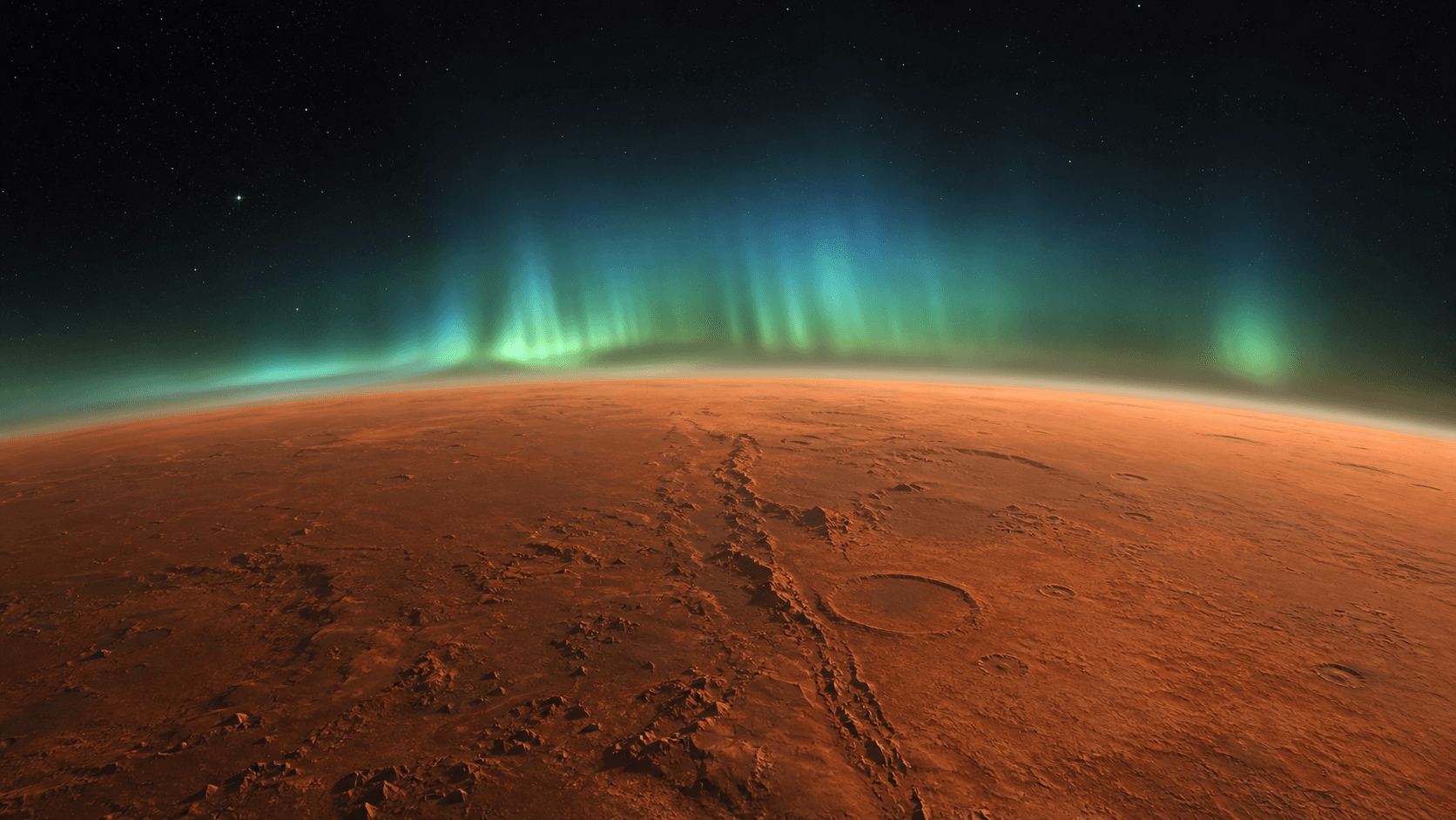 Ilustración editorial de un brillo auroral sobre la atmósfera tenue de Marte