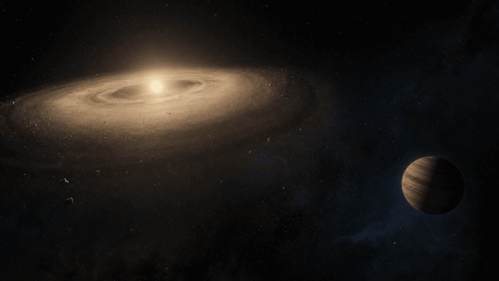 Ilustración editorial de un planeta gigante junto a un disco de escombros alrededor de una estrella joven