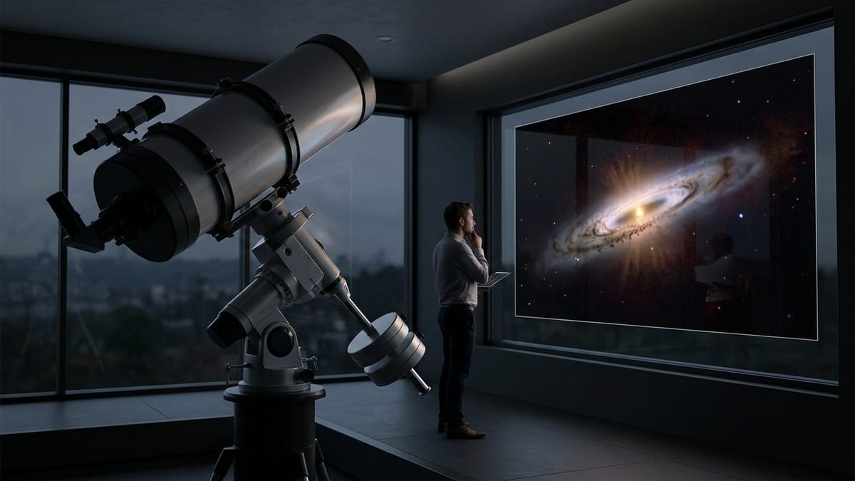 Sala de análisis astronómico con un telescopio y una vista multibanda de β Pictoris.