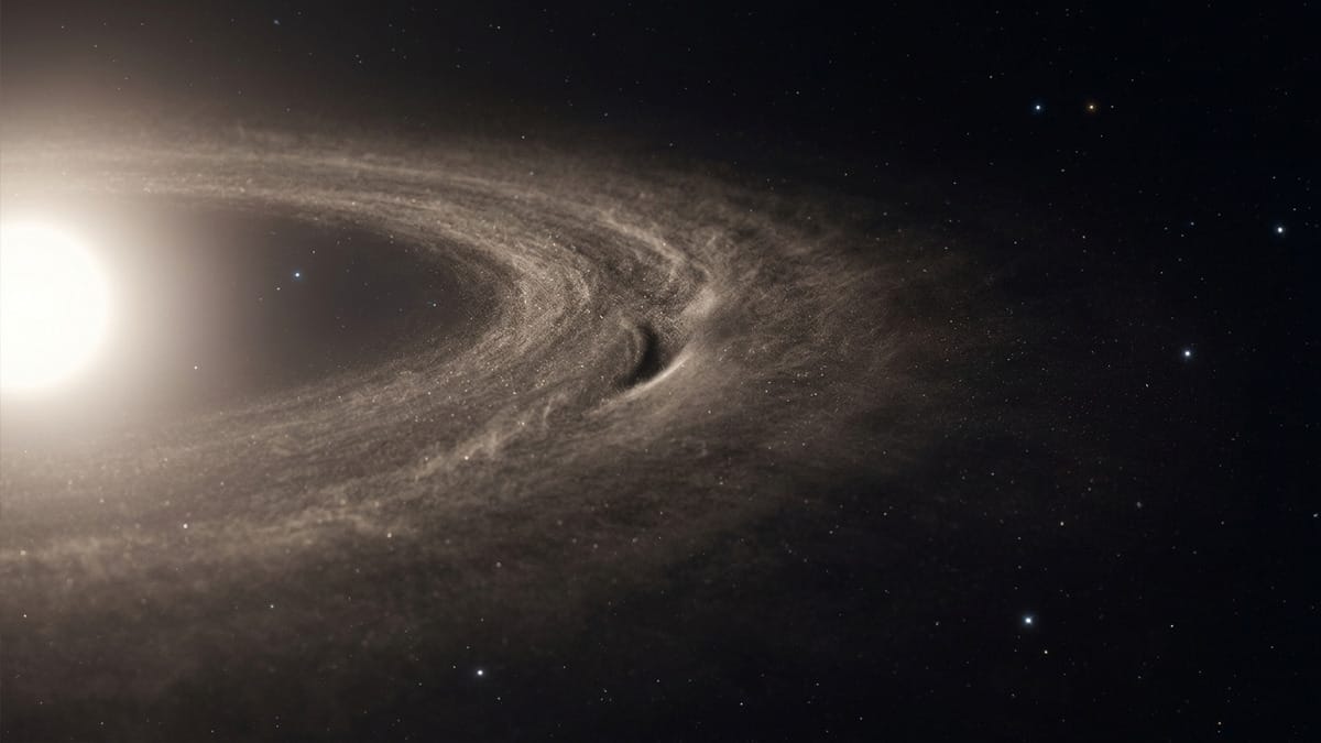 Primer plano del disco de polvo de β Pictoris con una asimetría que sugiere perturbación gravitatoria.