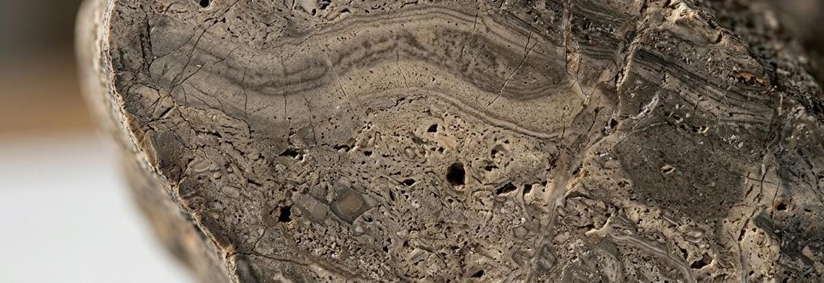 Detalle macro de un mineral con microfracturas y una medición isotópica representada como gradiente sutil, evocando cómo una señal de δ15N puede quedar mezclada o alterada en la roca.