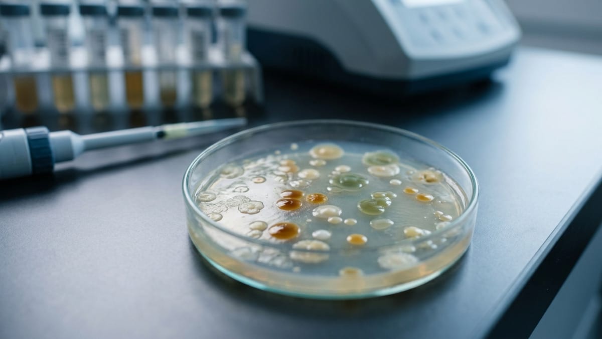 Cultivo microbiano en laboratorio con varias colonias y una placa de Petri observada bajo luz controlada.