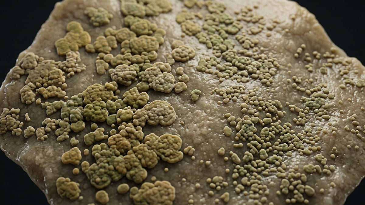 Detalle microscópico de una comunidad microbiana reorganizándose sobre un sustrato, con zonas densas y vacíos que sugieren respuesta al estrés.