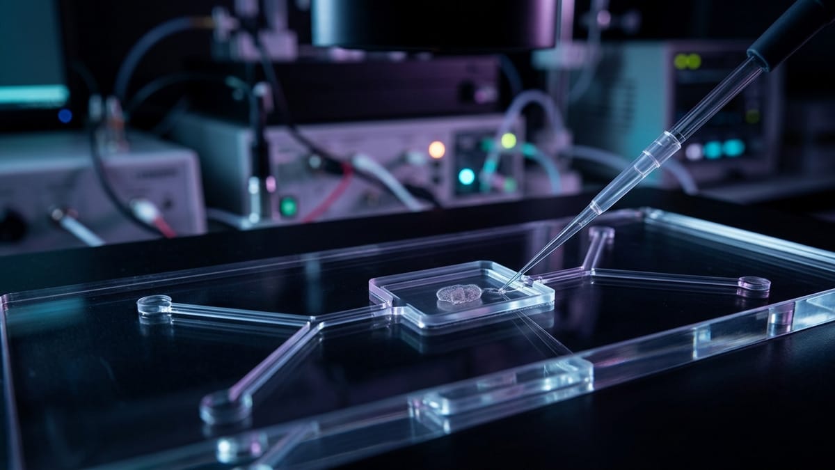 Microcámara de laboratorio con un sistema celular en observación.