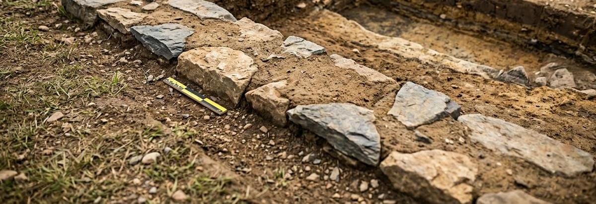 Detalle arqueológico de una traza rectangular de piedra y tierra con estacas de medición discretas, vista oblicua y enfoque técnico.