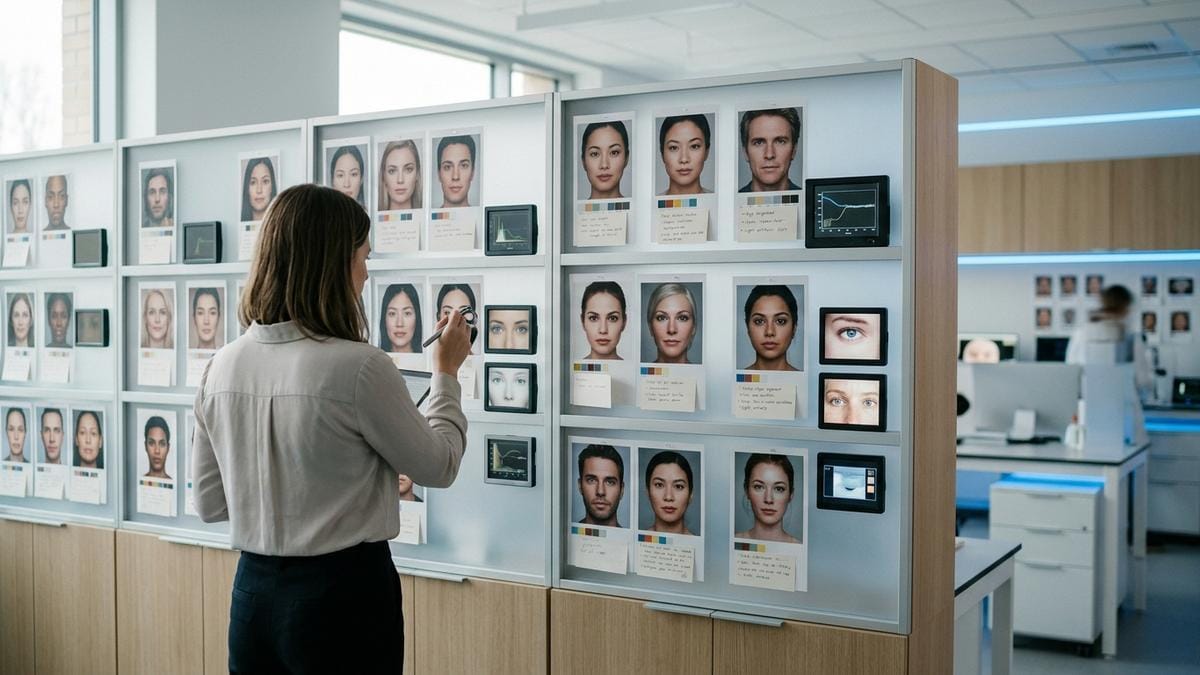 Una investigadora observa en una sala luminosa una pared de muestras faciales impresas y pantallas de entrenamiento visual, en un entorno de análisis científico.