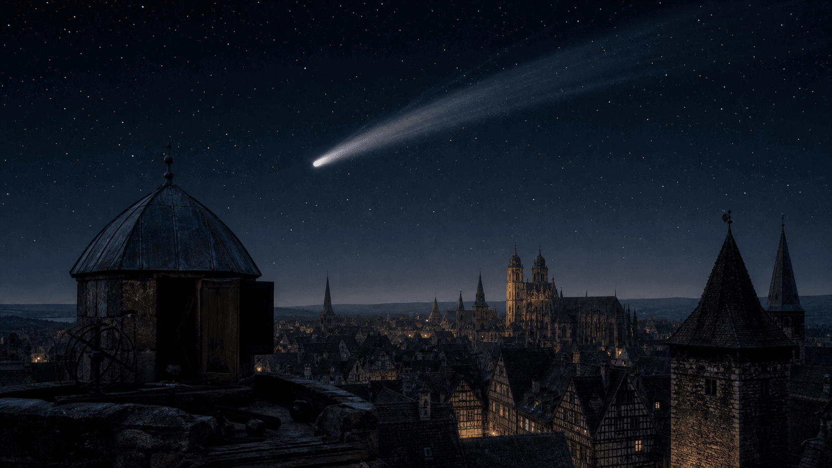 Ilustración editorial de un cometa sobre una ciudad europea histórica de noche