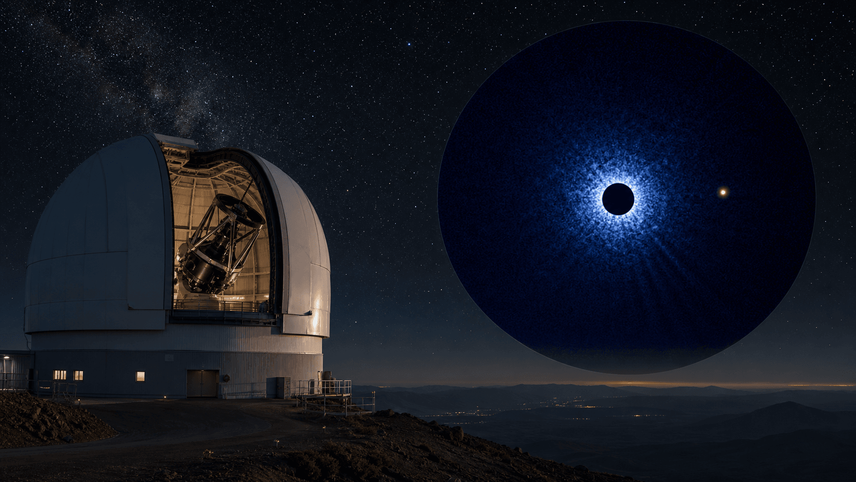 Ilustración editorial de un telescopio que usa alto contraste para separar una estrella de un planeta tenue