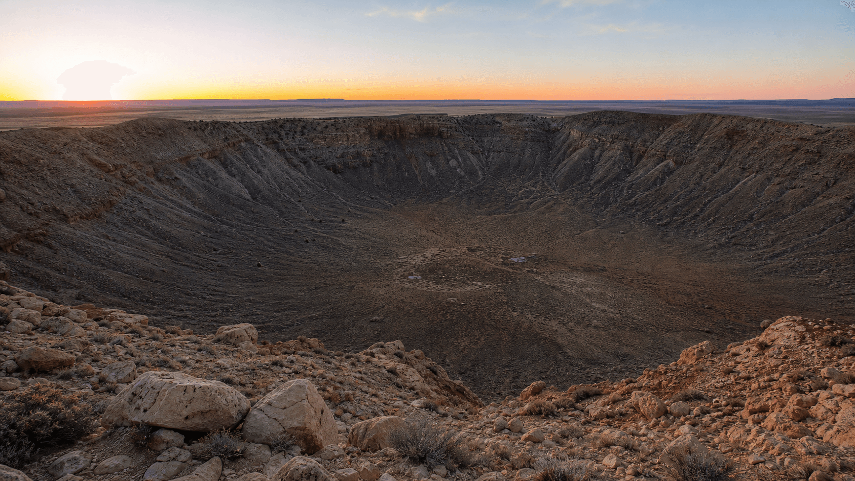 Ilustración editorial de un cráter de impacto erosionado en un paisaje rocoso