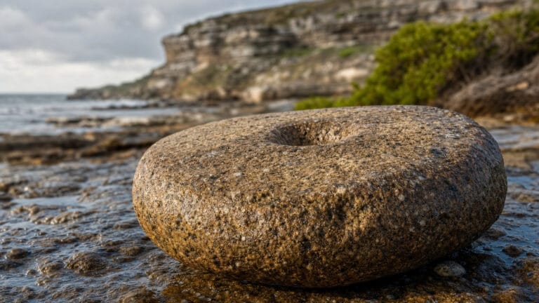 Imagen editorial ilustrativa: Imagen editorial hero horizontal 16:9 de una sola piedra de molienda arqueológica real de Robben Island como foco principal, en macro detalle, apoyada sobre roca costera húmeda con textura visible.