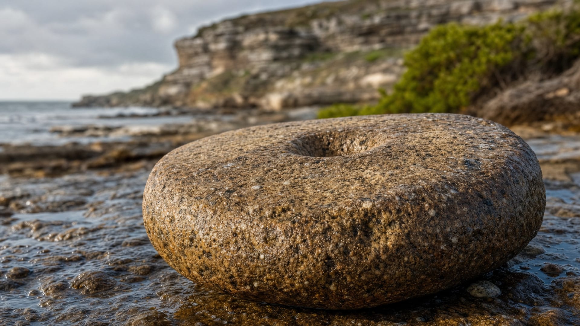 Imagen editorial ilustrativa: Imagen editorial hero horizontal 16:9 de una sola piedra de molienda arqueológica real de Robben Island como foco principal, en macro detalle, apoyada sobre roca costera húmeda con textura visible.