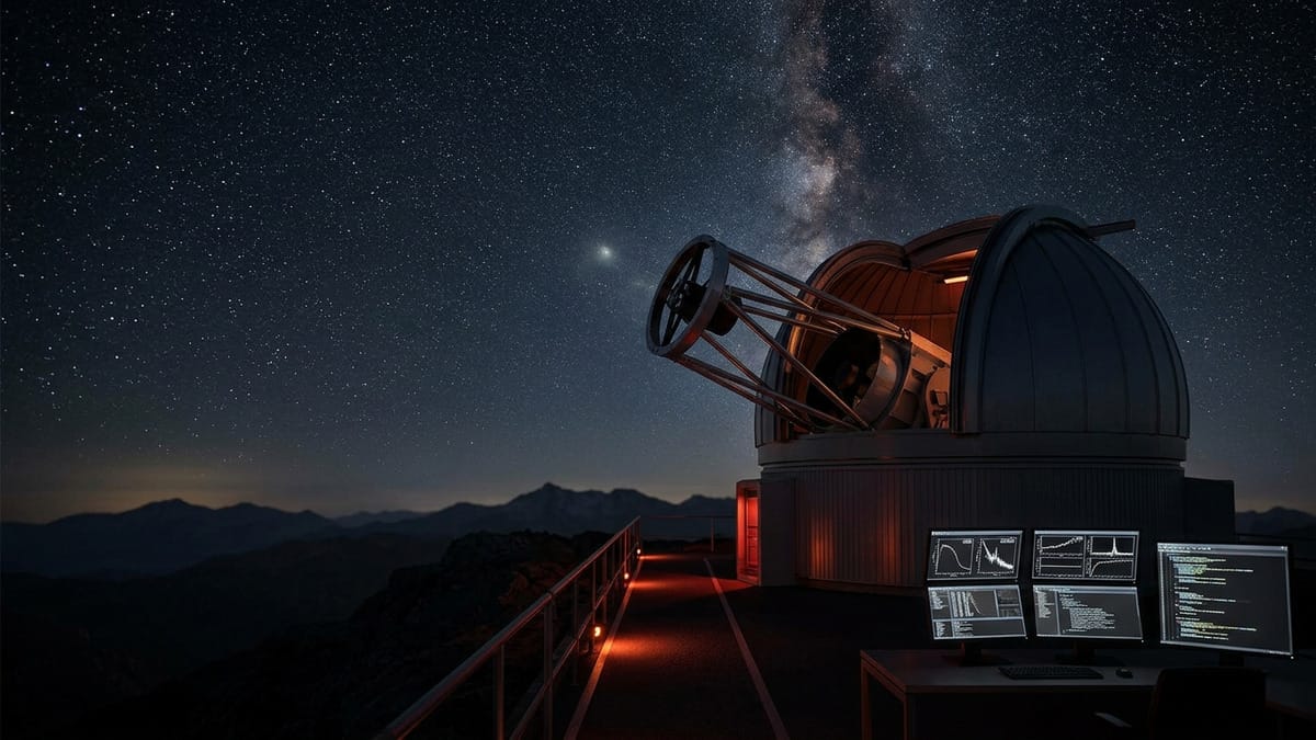 Telescopio astronómico observando un exoplaneta cercano alrededor de una estrella tenue.