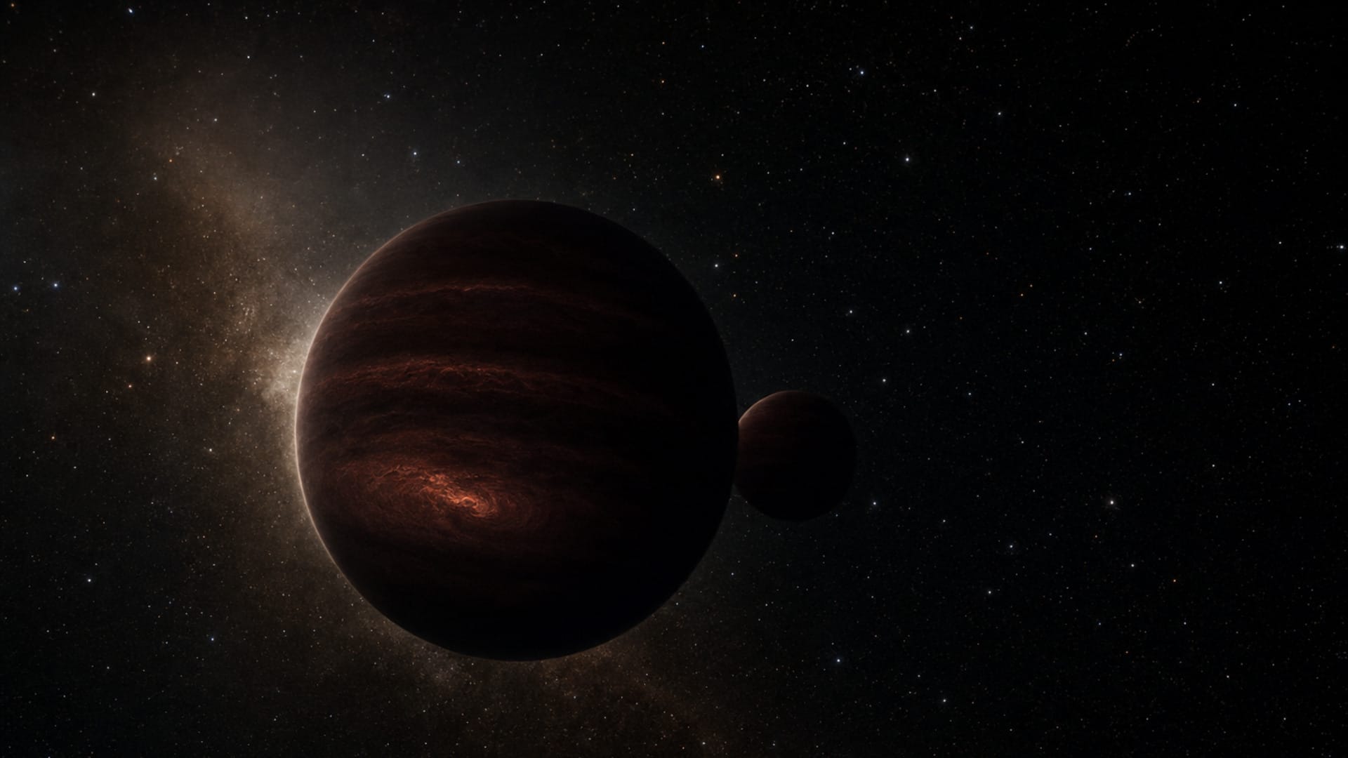 Imagen editorial ilustrativa: Portada horizontal 16:9, estilo premium y cinematográfico, con un único foco visual: un compañero subestelar oscuro y compacto en el centro-izquierda y, muy cerca, un exosatélite de masa planetaria apenas visible por luz tenue y contraste sutil.