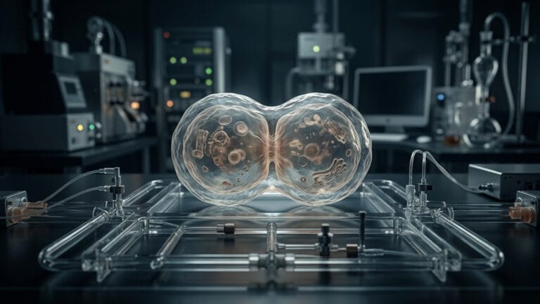 Imagen editorial ilustrativa: Portada hero editorial horizontal 16:9 para un artículo de ciencia: una célula sintética construida desde cero, en el instante en que crece y empieza a dividirse dentro de una microcámara de laboratorio.