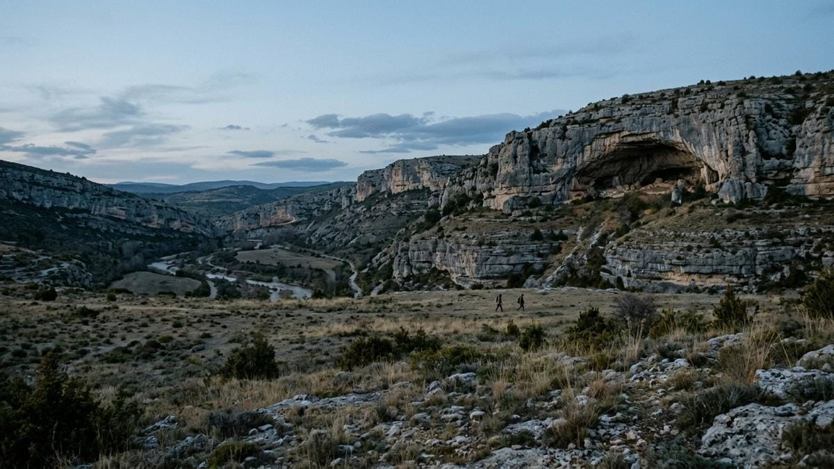 Paisaje arqueológico paleolítico con dos siluetas humanas lejanas junto a un abrigo rocoso al atardecer