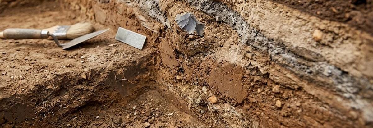Primer plano de estratigrafía arqueológica con capas de sedimento, una pieza lítica parcial y marcas de excavación
