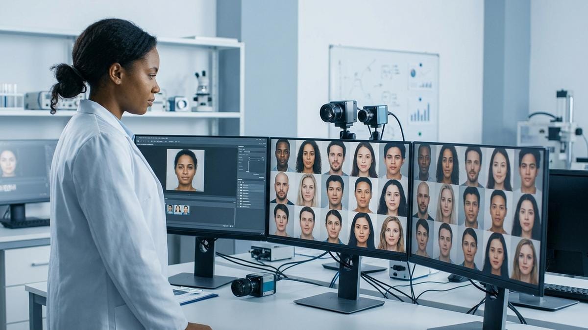 Investigadora observando varias pantallas con rostros reales y sintéticos en un entorno de laboratorio moderno